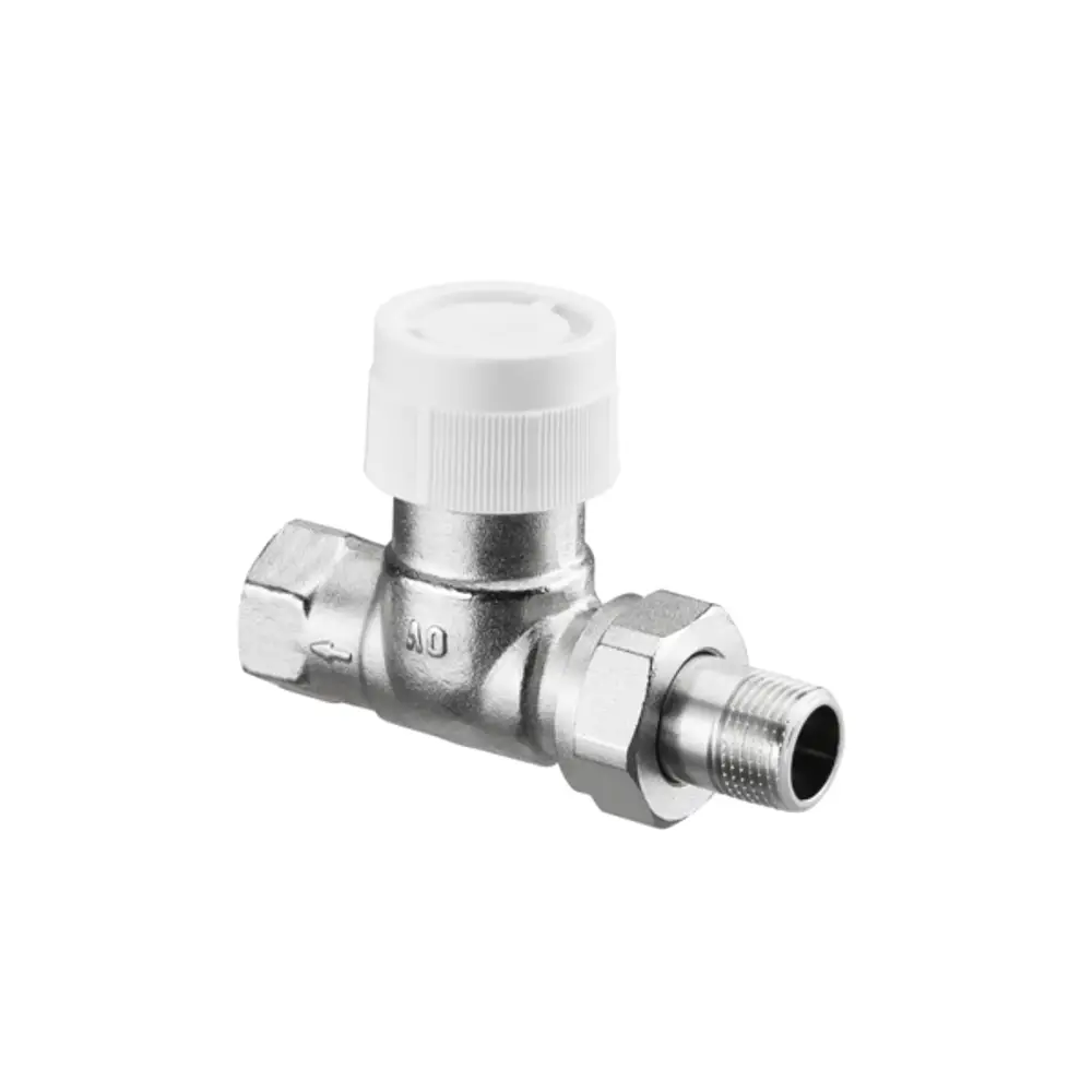 Thermostatventil aus Metall von Oventrop, mit Anschluss für Rohrleitungen, weißer Kappe, zur Regulierung des Durchflusses in Heizungsanwendungen.